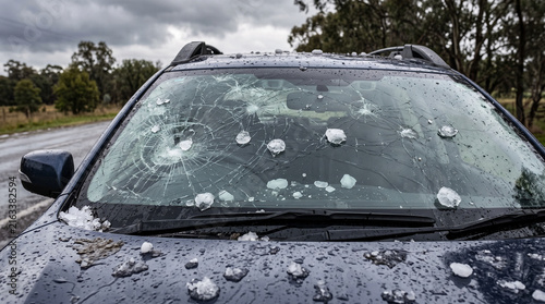 Hailstones on cracked car windshield after severe storm  