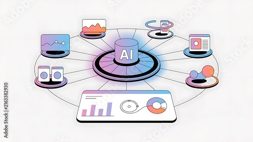 Artificial intelligence network diagram with data analytics and digital business icons