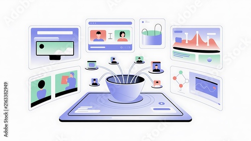 Digital data funnel concept with abstract information flow and cloud computing analytics.