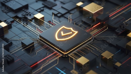 Cyber security shield icon on a computer processor chip for digital data protection concept