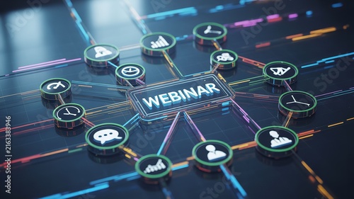 Webinar digital concept with connected icons on a futuristic dark technology background