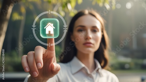 Woman interacting with a digital smart home interface hologram in a park setting.