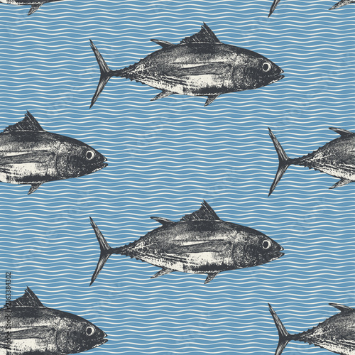 Vector seamless pattern with tuna fish and waves on marine animals theme. Logo, menu for restaurant, cafe. Signboard for fish store. Print, fabric, textile. Wallpaper, T-shirt, tile. 
