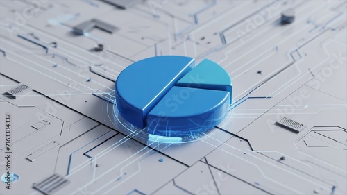Blue 3D pie chart on digital circuit board background for business data analysis concept