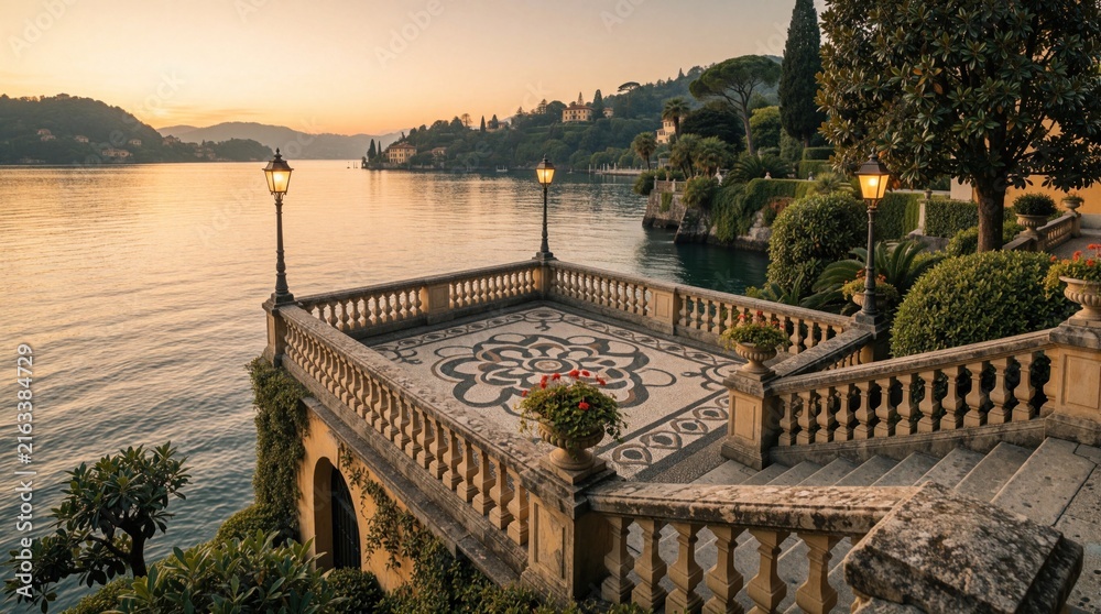 Fototapeta premium Elegant terrace overlooking calm lake at sunrise. Ornate stone balustrade with mosaic floor. Rich gardens and hillside homes frame serene water.