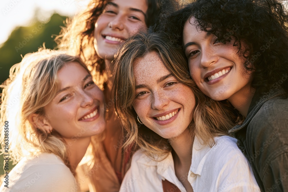 Fototapeta premium Portrait of four young women from diverse backgrounds smiling together in a sunlit outdoor setting