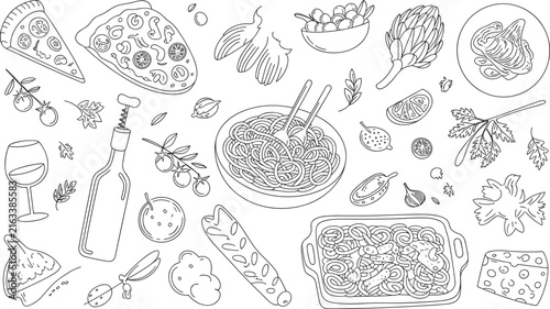 Detailed black and white line set of italian food ingredients and dishes including pizza, pasta, wine, artichoke, cheese, and fresh vegetables on a white background