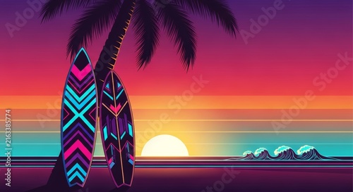 Surfboard standing under palm tree on beach at sunset. Retro wave style illustration of tropical coast with ocean wave. Summer vacation concept, creative digital art for background.