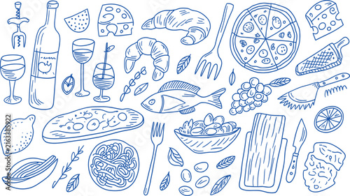 Set of hand drawn food and drink doodles featuring wine bottle, glasses, cheese, croissant, pizza, fish, pasta, and kitchen tools isolated on a white background