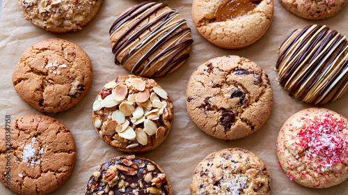 Overhead flat lay of assorted gourmet cookies on parchment paper