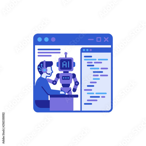 Flat vector illustration of human and artificial intelligence collaboration in programming