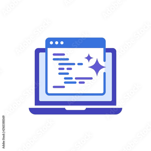 Flat vector laptop icon with coding window and optimization sparkles