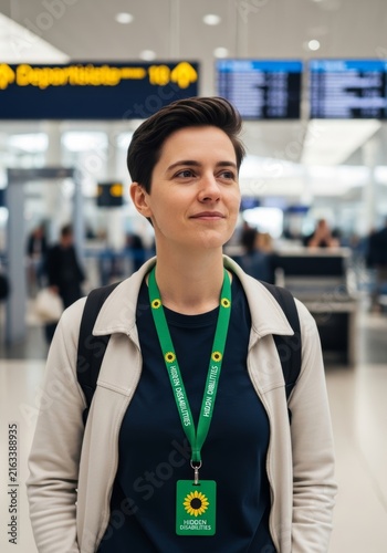 Woman wearing sunflower lanyard at airport terminal. Traveler with invisible disability symbol. Awareness concept for inclusive support and travel accessibility for passenger with need.