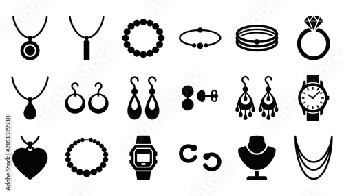 Set of black jewelry icons including necklaces rings earrings and watches with black silhouettes necklace icon ring icon watch icon diamond ring