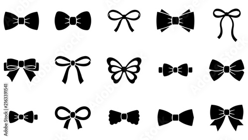Set of black ribbon bow tie icons and decorative gift knots for design and celebration