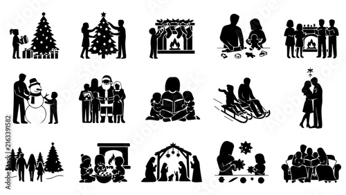 Set of black silhouette icons depicting families celebrating christmas and winter holiday activities