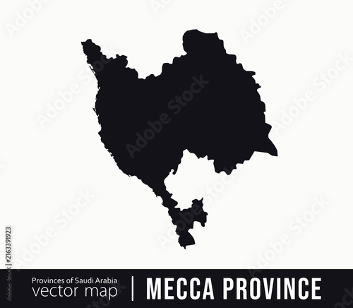 Black silhouette vector map of Mecca Province in Saudi Arabia. Useful for geography, cartography, travel, tourism, educational graphics, infographics and professional map design projects.