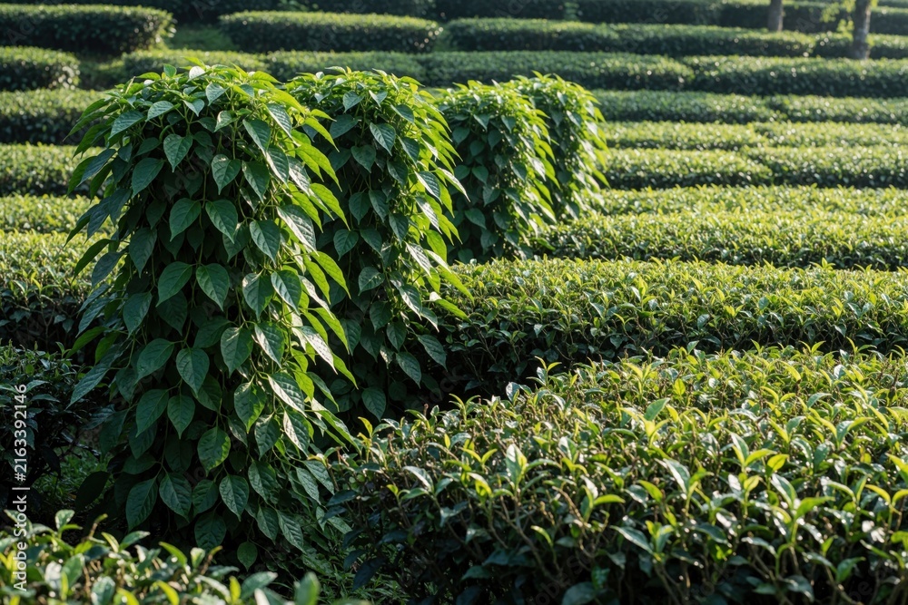 Naklejka premium Green pepper plants grow alongside neat rows of tea bushes on rich plantation. Sunlight illuminates vibrant foliage, creating picturesque rural landscape. Scenic agricultural panorama offers serene,