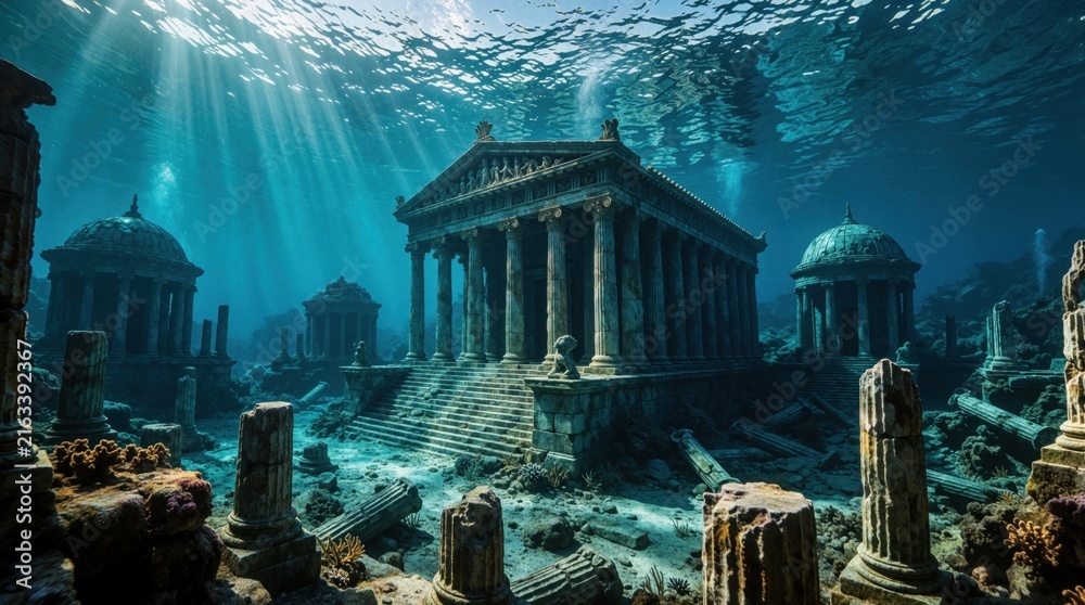 Naklejka premium Ancient submerged ruins with temples and columns in turquoise water, sun rays create a mystical atmosphere above historical stone structures and intricate architecture.