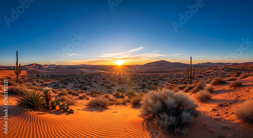 Golden sunset over vast desert landscape with tall saguaro cacti