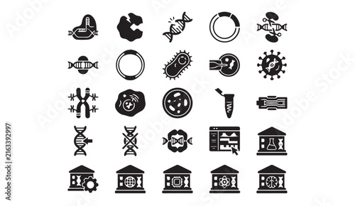 Biotechnology and genetic research flat icon set with genetics, biotechnology