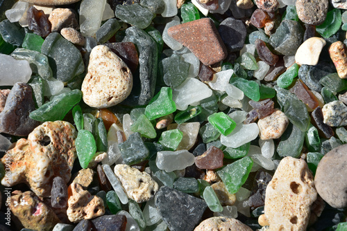 Coastal Beach with Sea Glass Shells and Smooth Pebbles