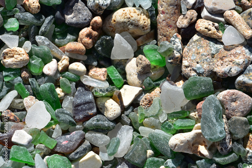 Mermaid Tears Sea Glass with Shells on Shoreline