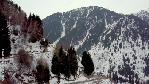 Winding Mountain Road in Winter with Snow Covered Pine Forest and High Peaks