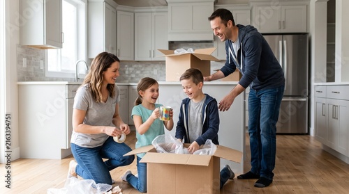 Happy family unpacking boxes in a new modern kitchen during a move