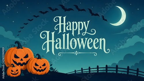 Happy halloween greeting card design with spooky jack o lanterns bats and a crescent moon night background