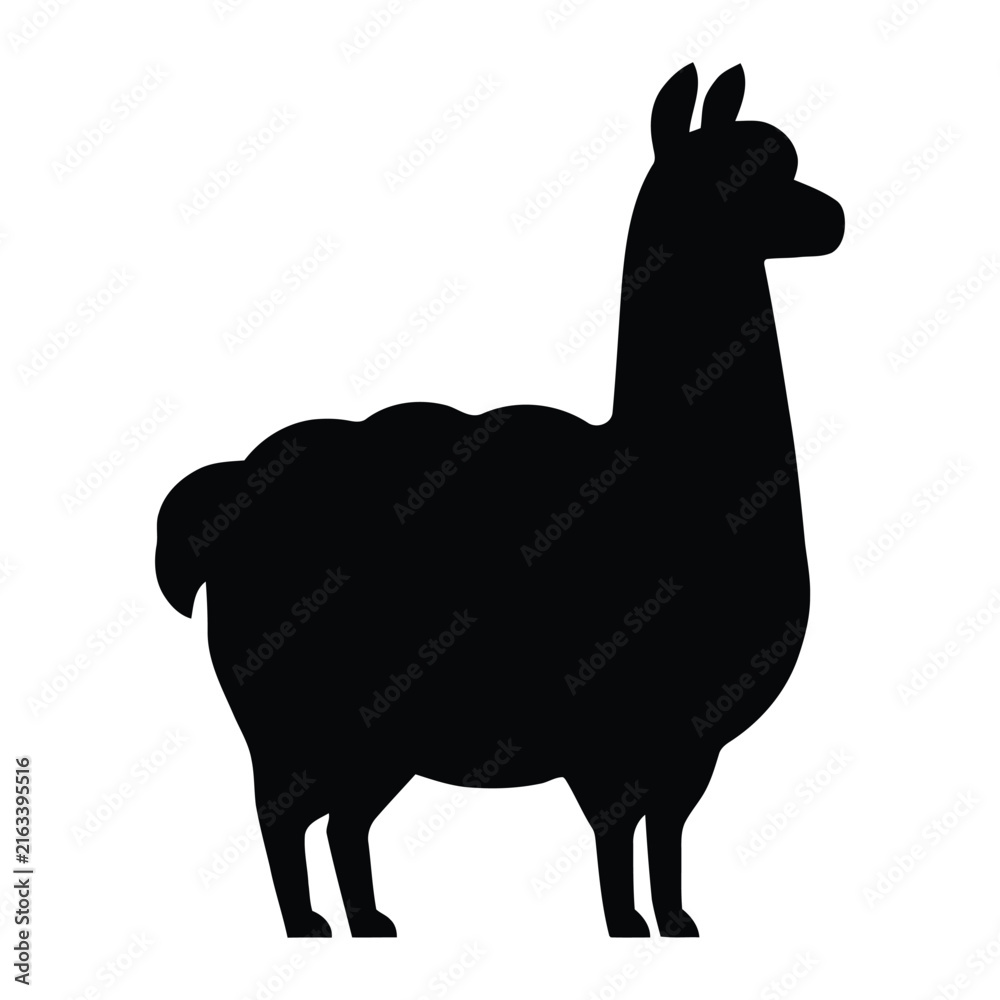 Naklejka premium A black llama stands in profile depicted as a stark silhouette