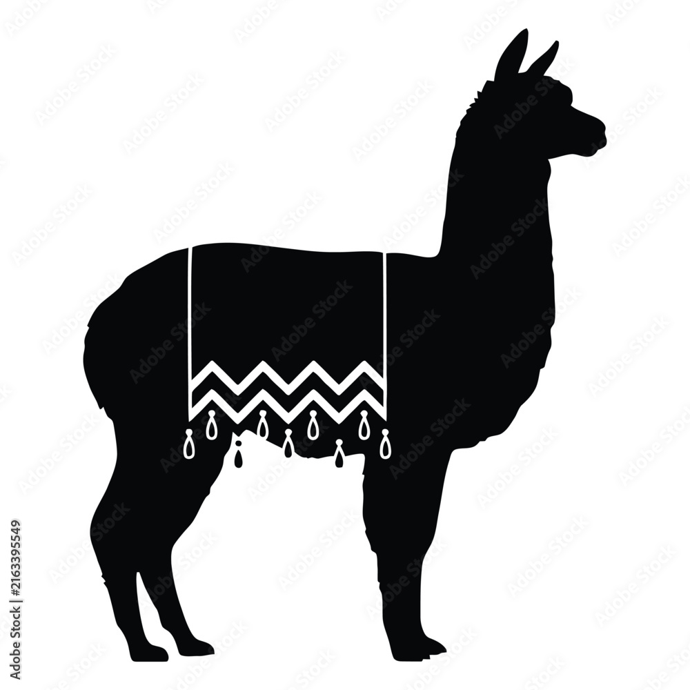 Naklejka premium A black llama with patterned blanket is depicted as a striking silhouette