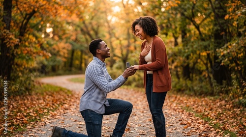 Man Proposing Marriage to Woman in Autumn Park with Ring and Fall Foliage