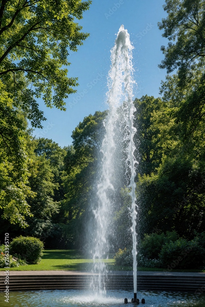 Naklejka premium Close up of tall water fountain in public park. Clear stream shoots up into blue sky. Rich green trees, garden landscape surround stone pool. Refreshing liquid spray creates splash in summer sun for