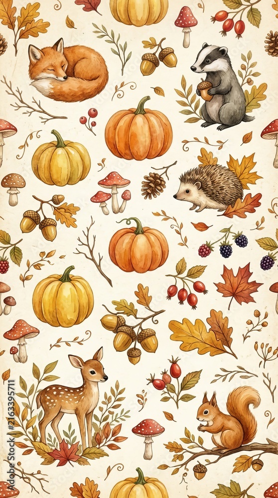 Naklejka premium Cozy Woodland Autumn Animals Seamless Pattern