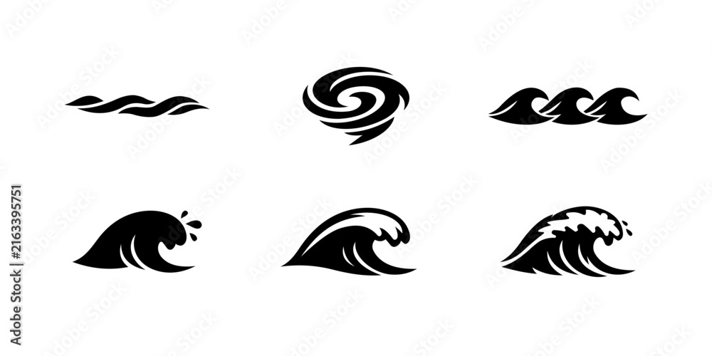 Obraz premium Black ocean wave icons featuring minimalist graphic designs for various summer branding projects and creative digital media elements