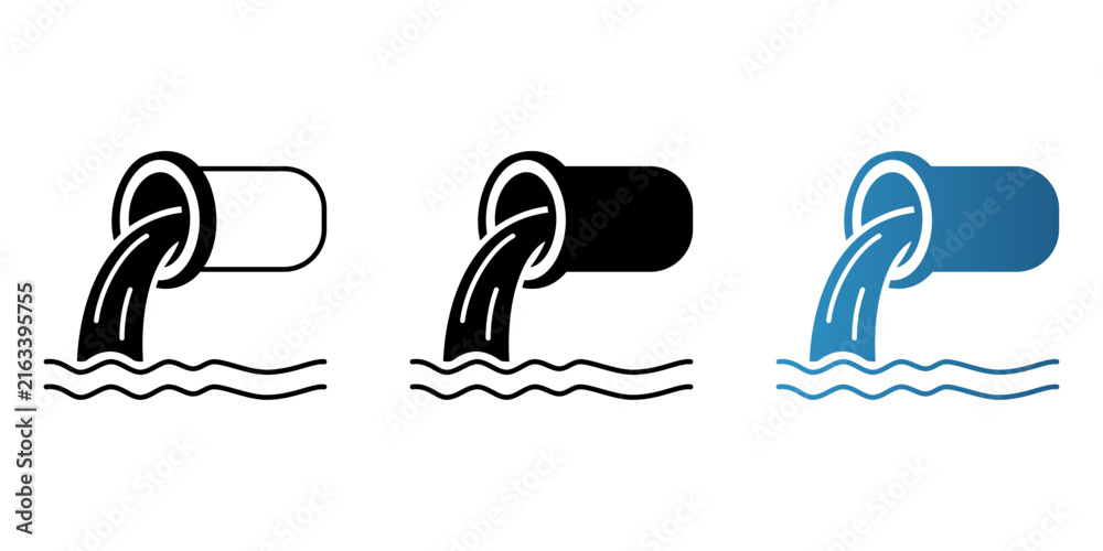 Obraz premium Industrial wastewater pipe drainage icons showing fluid pouring into water represented in minimalist outline solid and blue vector graphic styles