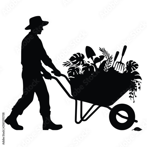 Gardener pushing wheelbarrow filled with plants and tools black silhouette gardening