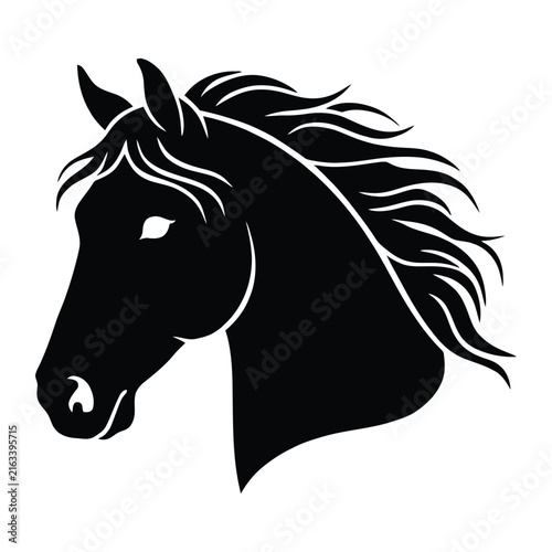 A detailed horse head portrait is rendered as a striking black silhouette
