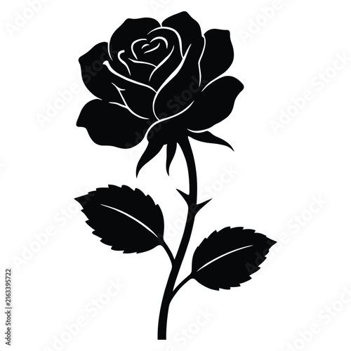 A blooming rose with stem and leaves is depicted as a black silhouette
