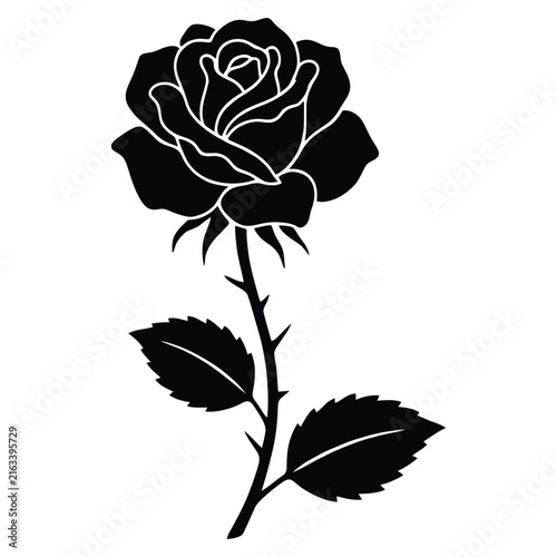 A detailed black rose with stem and leaves is presented as a silhouette