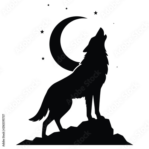 A howling wolf stands on a rocky hill beneath a crescent moon silhouette
