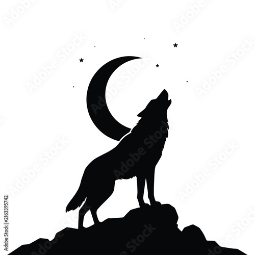 A howling wolf stands atop a rocky hill under a crescent moon silhouette