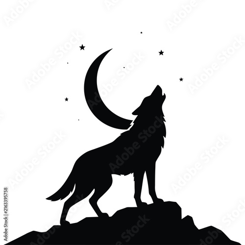 A howling wolf stands on a rocky hill beneath a crescent moon silhouette