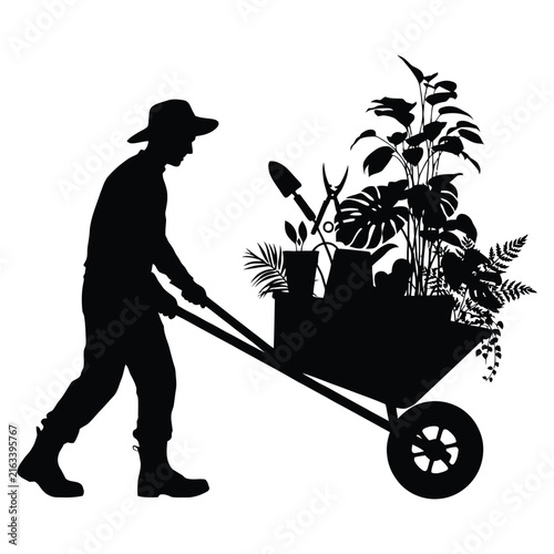 Gardener pushing wheelbarrow filled with plants and tools black silhouette gardening