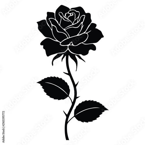A single rose stem with leaves is depicted as a black silhouette
