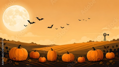 A spooky halloween pumpkin patch landscape featuring a full moon and flying bats in the orange sky