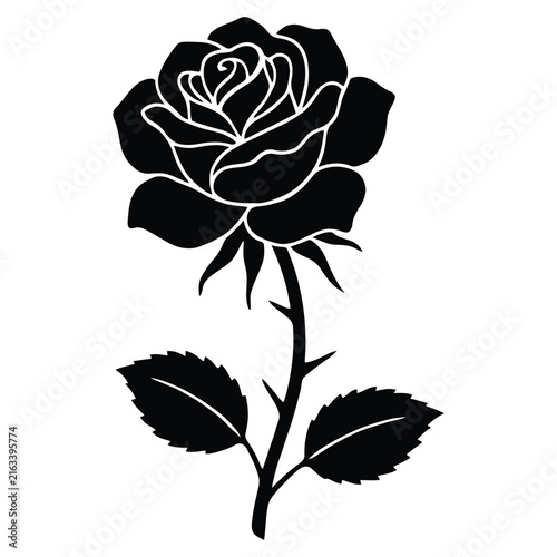 A detailed rose bloom with stem and leaves is shown as a silhouette