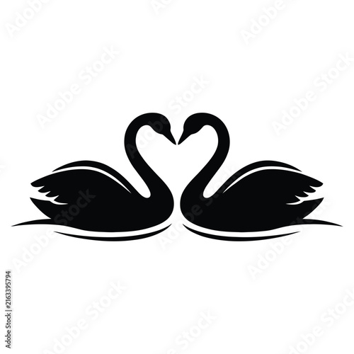 Two swans forming a heart shape a black and white silhouette
