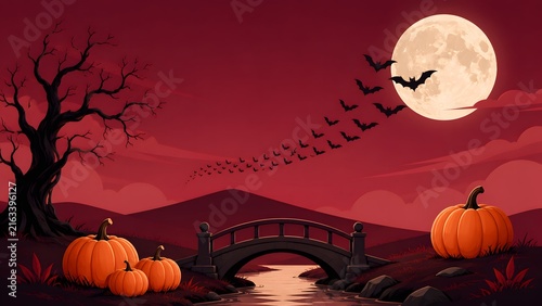 Spooky halloween night scene with a full moon pumpkins a dark bridge and flying bats in sky